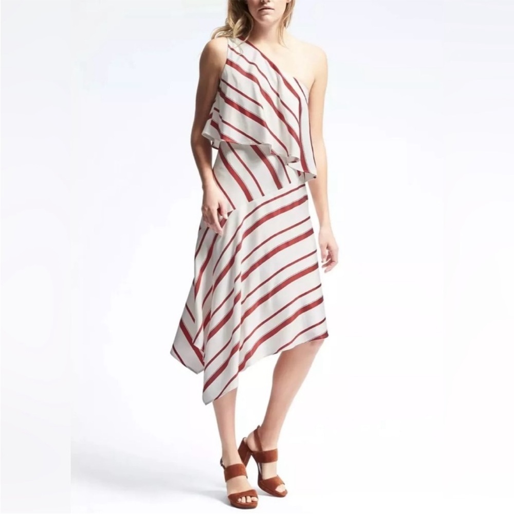 Banana Republic Red & White Striped One Shoulder Flounce Asymmetrical Hem Dress